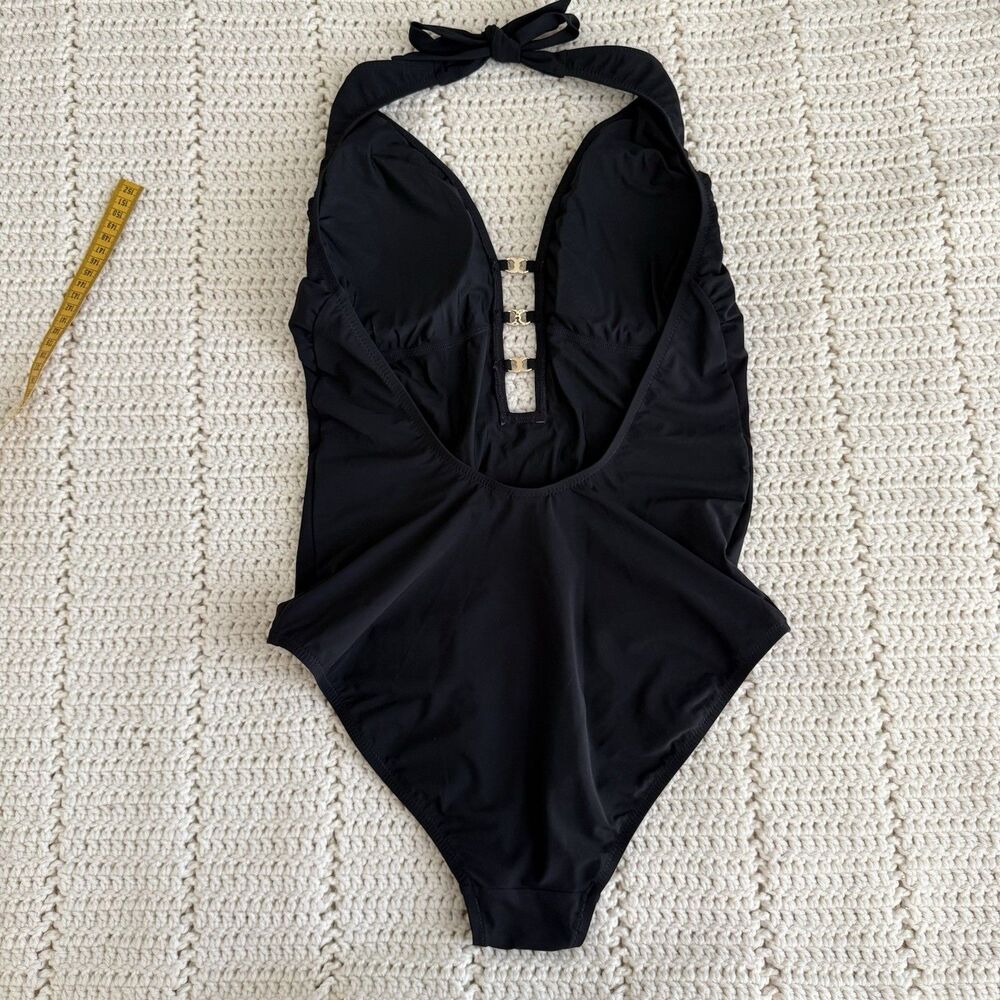 Tory Burch Women’s Size L Gemini Link Black One Piece Swimsuit Plunge Halter - Picture 10 of 12
